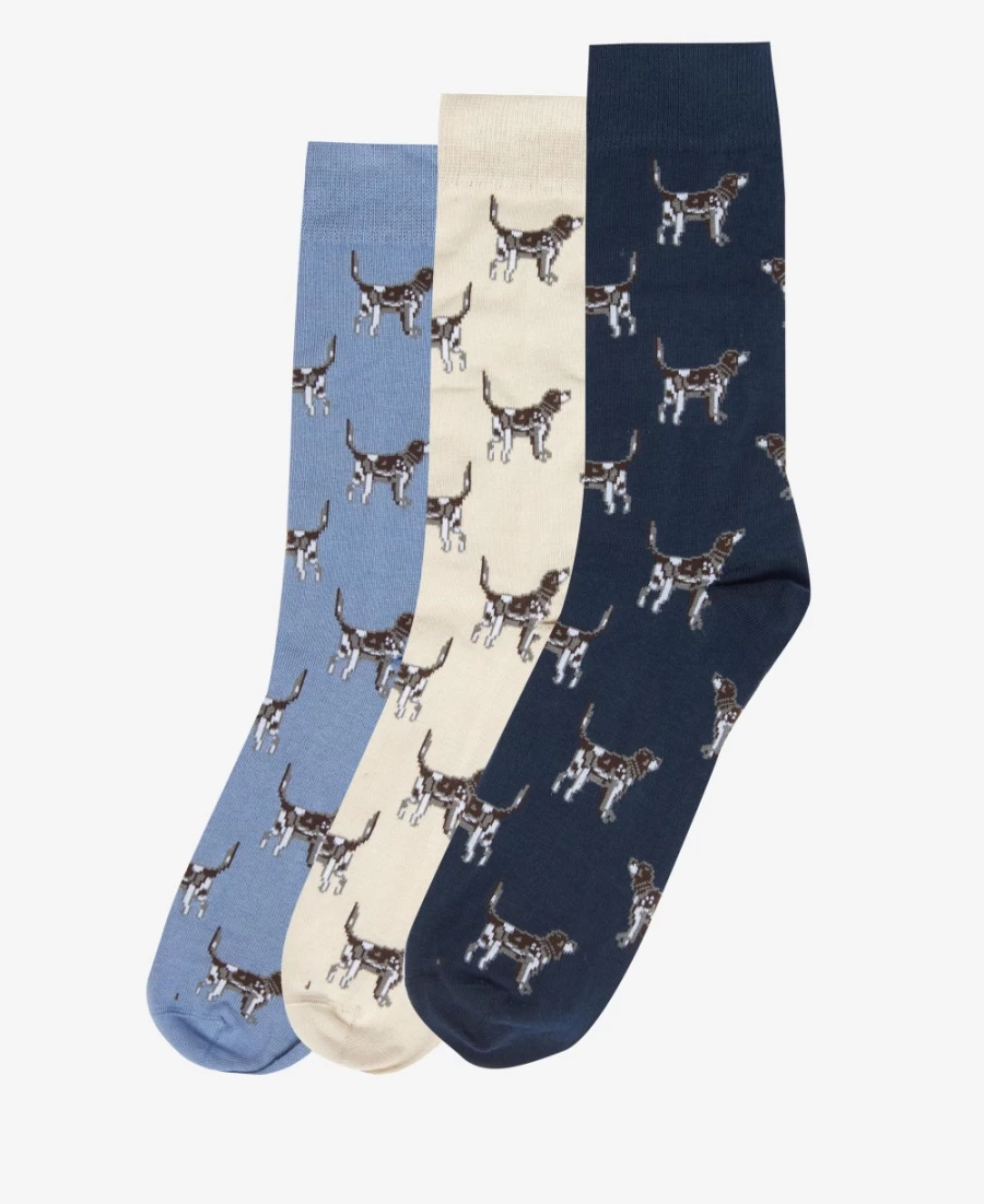 Barbour Mens Navy Cream Blue Pointer Dog Pattern Socks Gift Set for Men