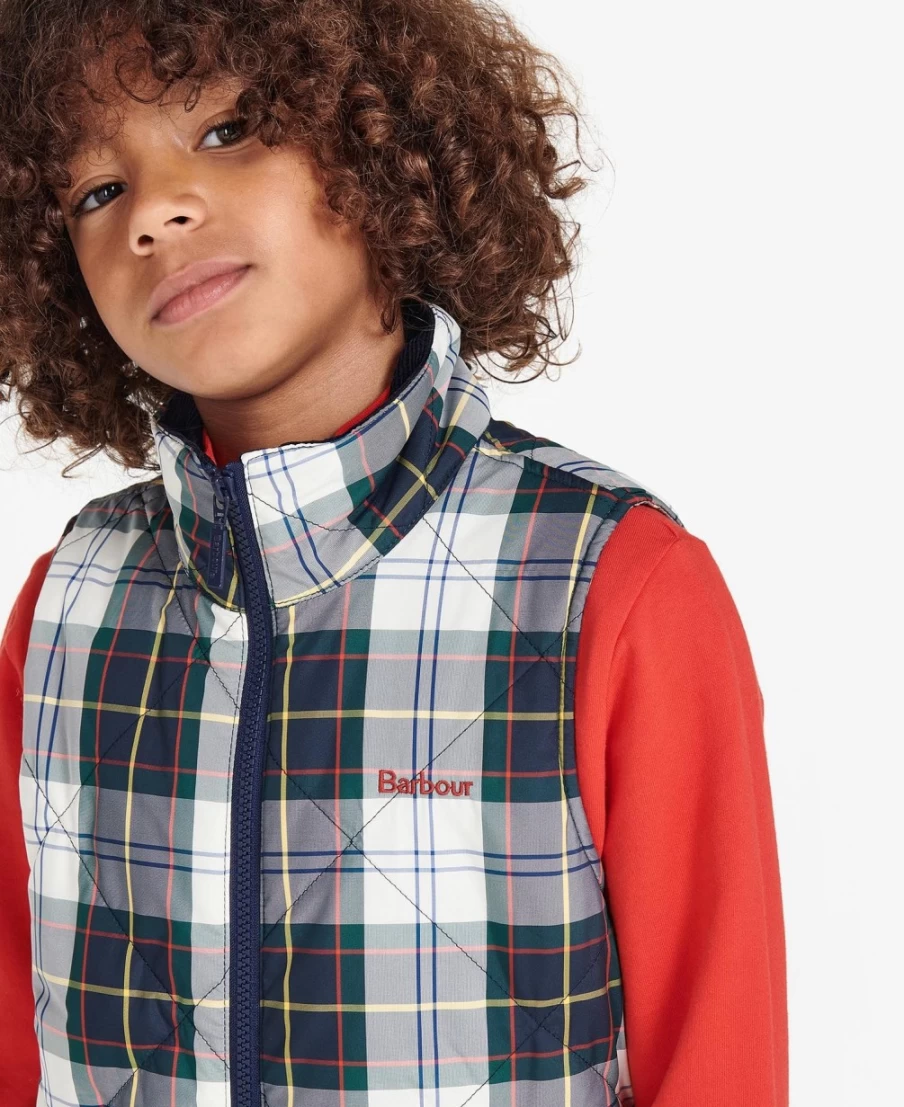 Barbour Boys Finnar Gilet in Summer Ivy Tartan - Lightweight Quilted Vest for Kids