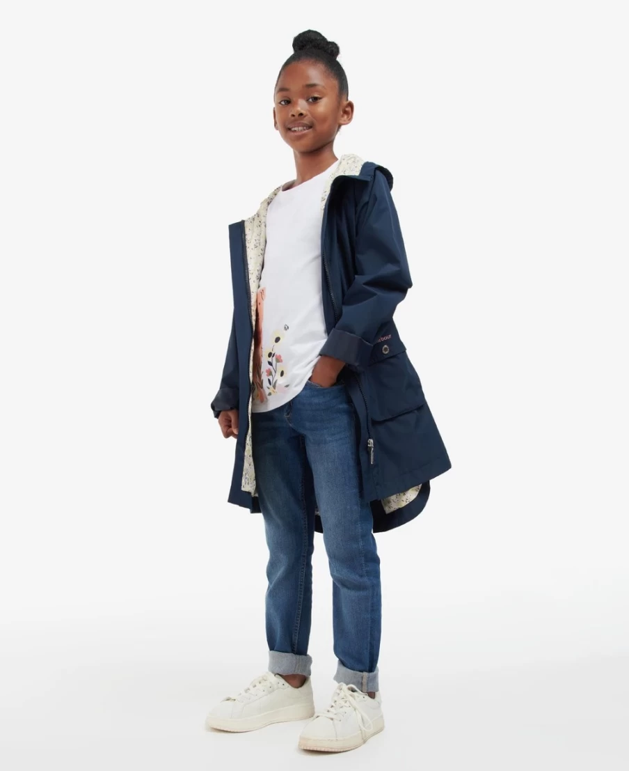 Barbour Girls Hama Showerproof Jacket in Navy/Ditsy Sunflower Waterproof Outerwear