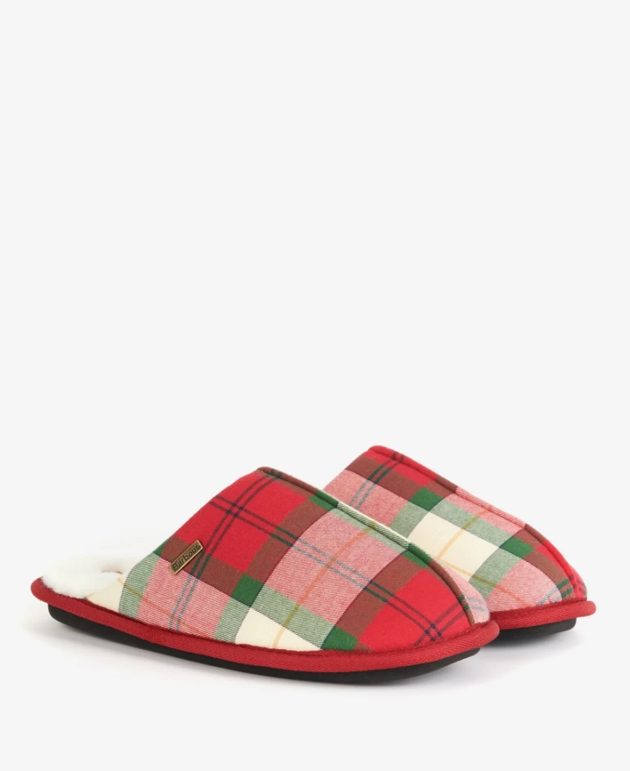 Barbour Men's Young Slippers in Berry Red Tartan - Classic Plaid Indoor/Outdoor Comfort