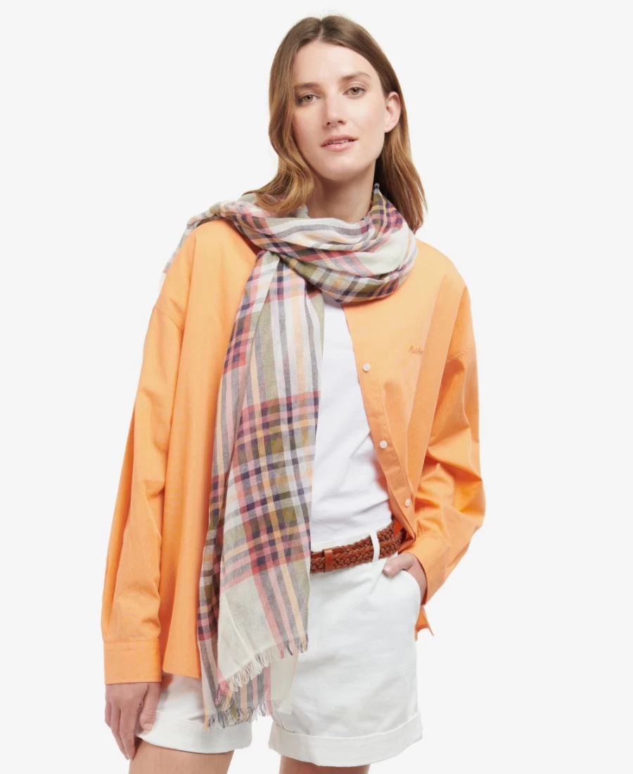 Barbour Womens Classic White Checked Scarf - Summer Lonnen Style Lightweight Fashion Accessory