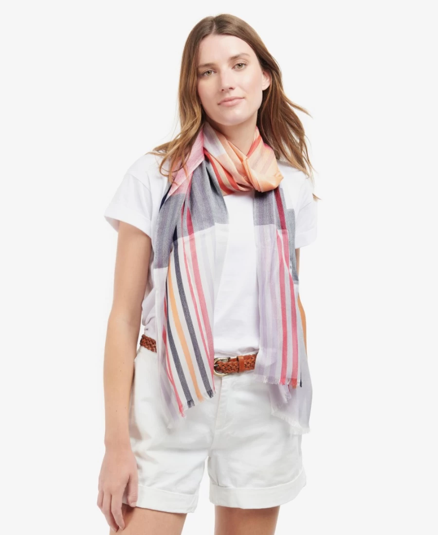 Barbour Womens Kendra Check & Stripe Scarf in Classic White