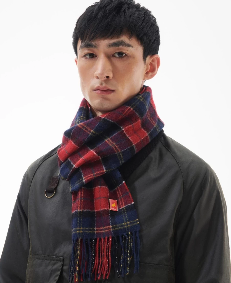 Barbour Men's Red Tartan Lunar Scarf - Classic Plaid Winter Accessory