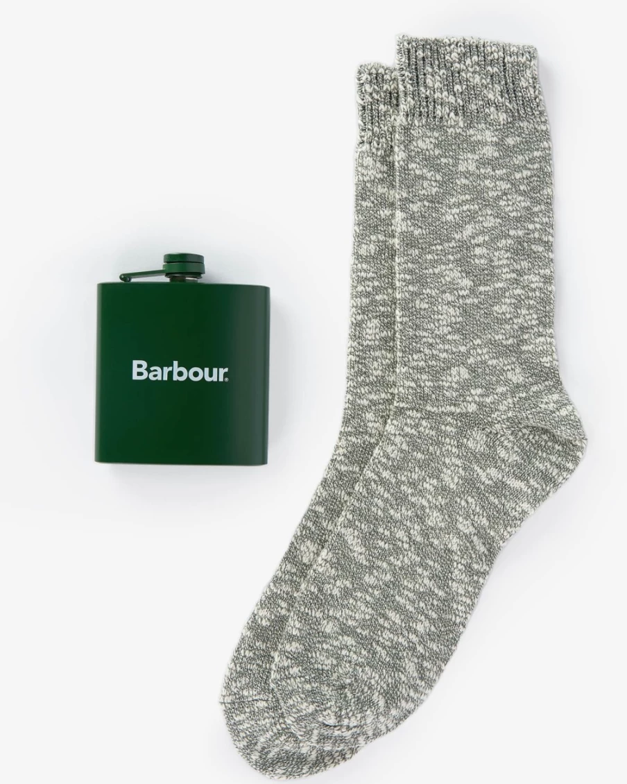 Barbour Mens Green Hip Flask and Sock Gift Set - Premium Leather Whisky Flask & Cozy Socks