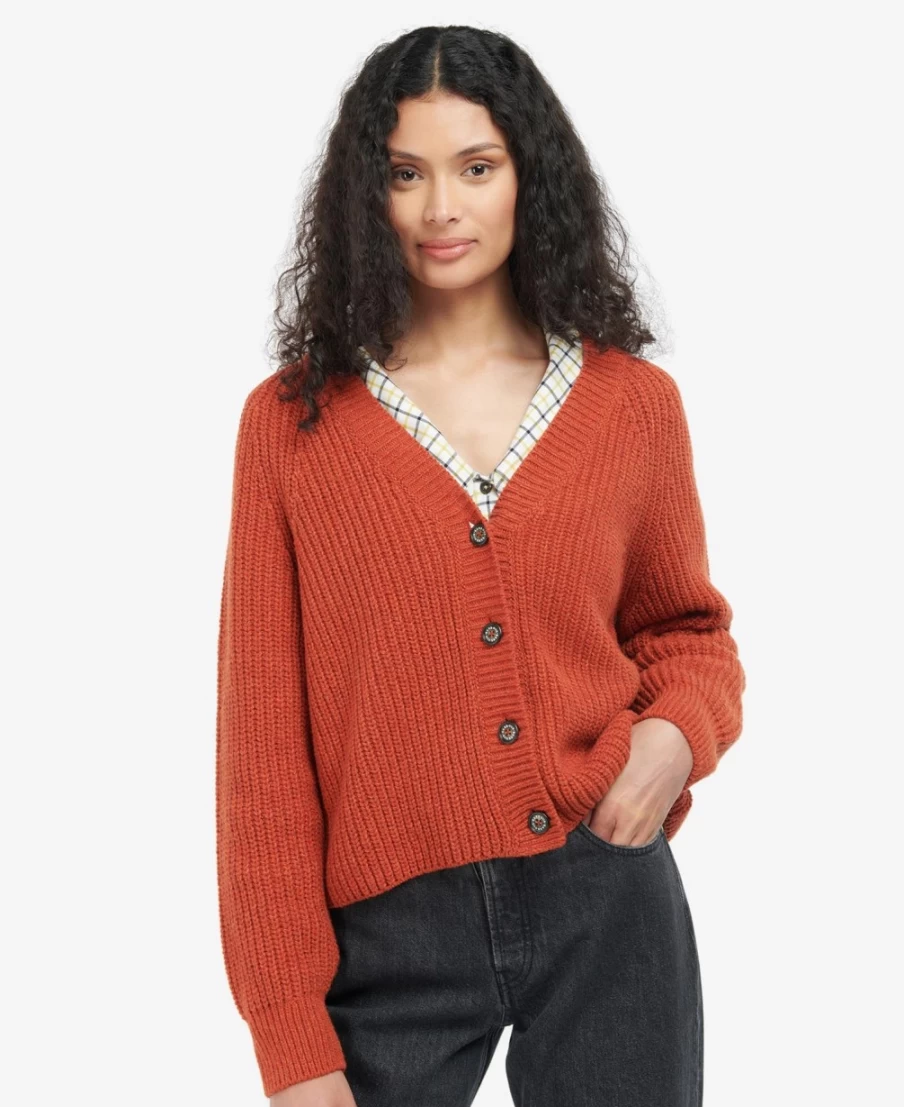 Barbour Women's Devon Cardigan in Burnt Russet - Classic Knitwear