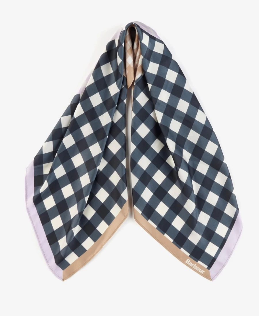 Barbour Womens Darla Gingham Square Scarf in Navy and Iris Check Pattern