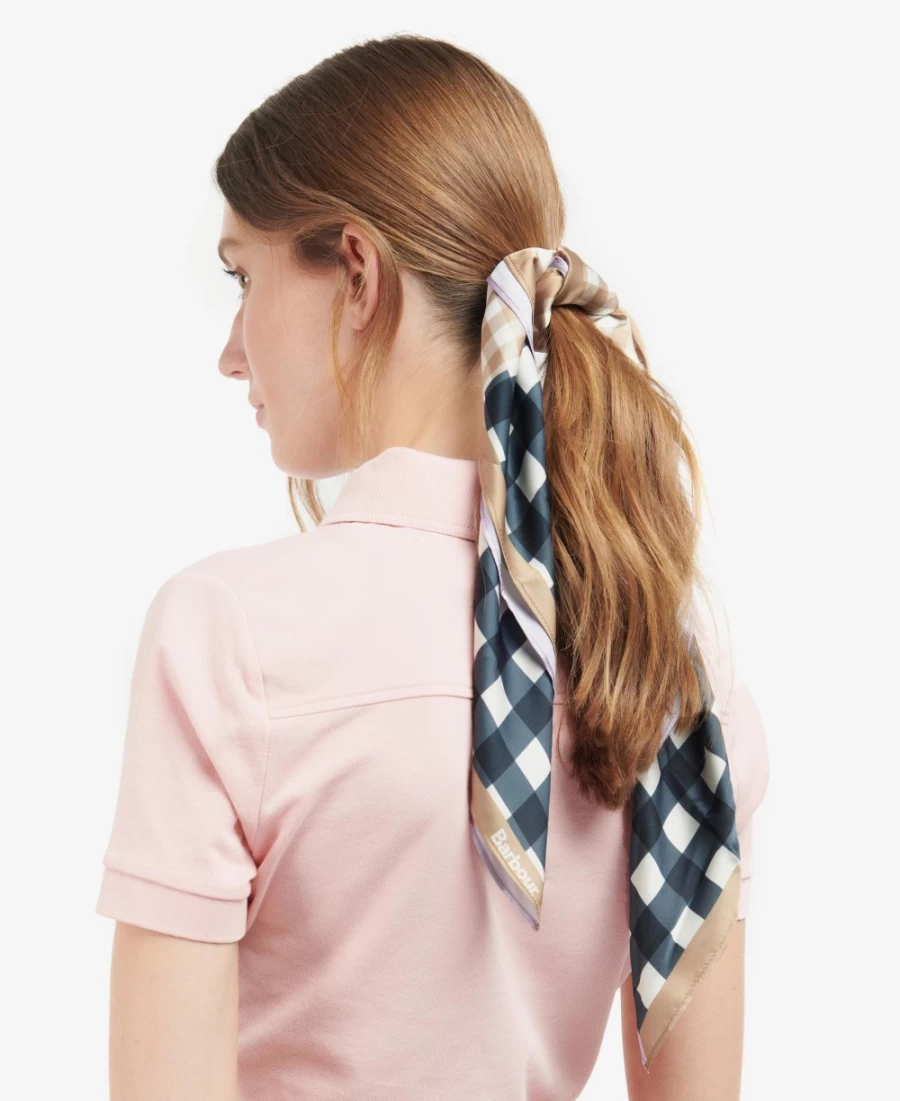 Barbour Womens Darla Gingham Square Scarf in Navy and Iris Check Pattern