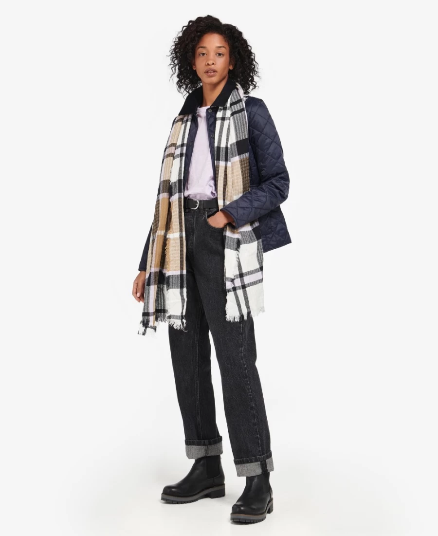 Barbour Women's Faith Tartan Wrap in Trench/Navy - Classic Plaid Shawl