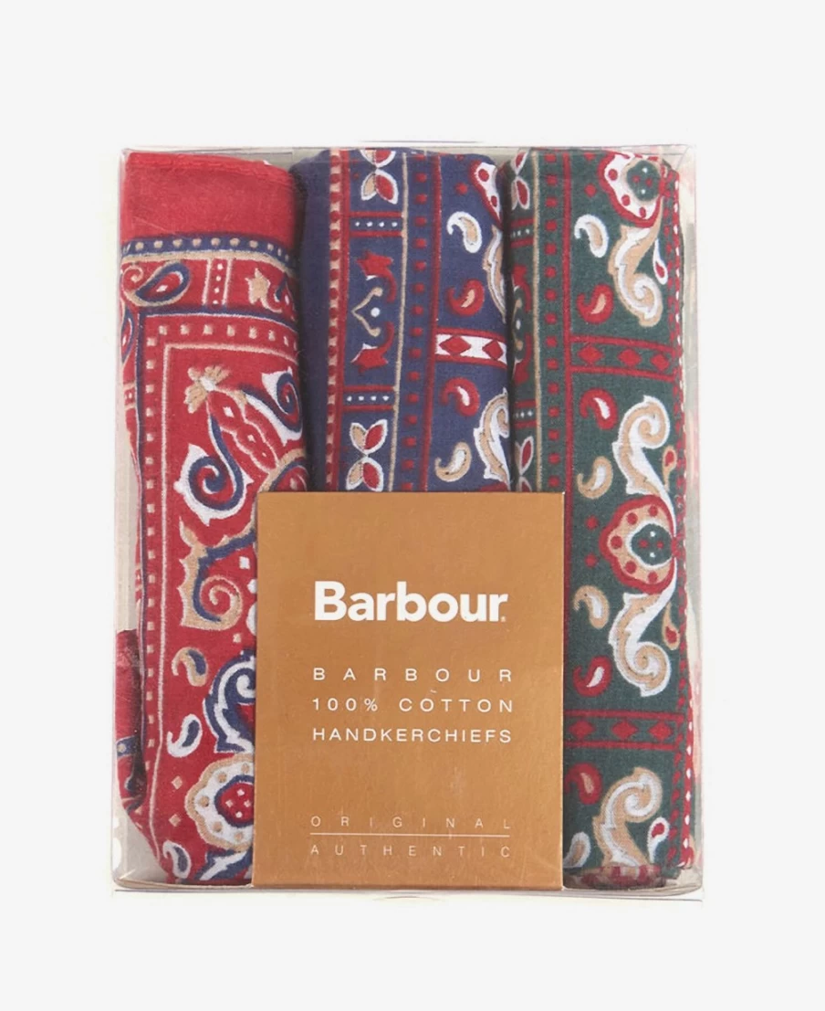Barbour Mens Paisley Handkerchiefs Gift Box Set - Red, Green, Navy Check Pattern