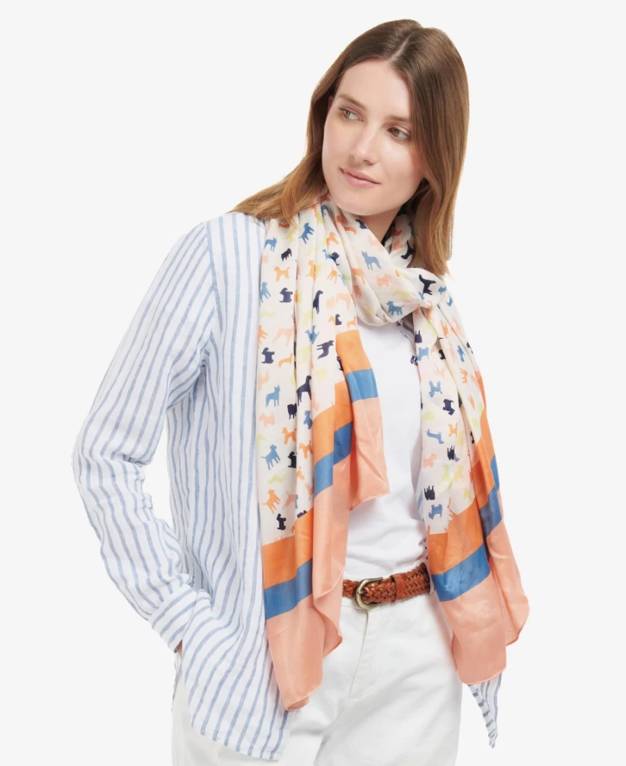 Barbour Women's Classic White Dog Print Scarf - Fashionable Animal Design Winter Accessory